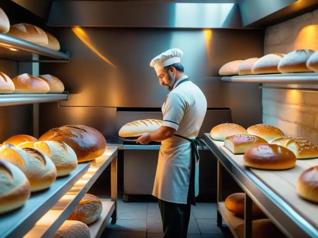 Una panadería tradicional italiana llena de actividad, con panaderos expertos y hornos de leña, evocando la historia del pan en Italia