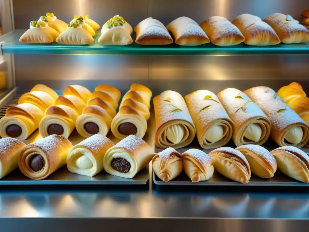 Una panadería tradicional del sur de Italia rebosante de sfogliatelle y cannoli recién horneados, con encanto rústico y pastelería exquisita