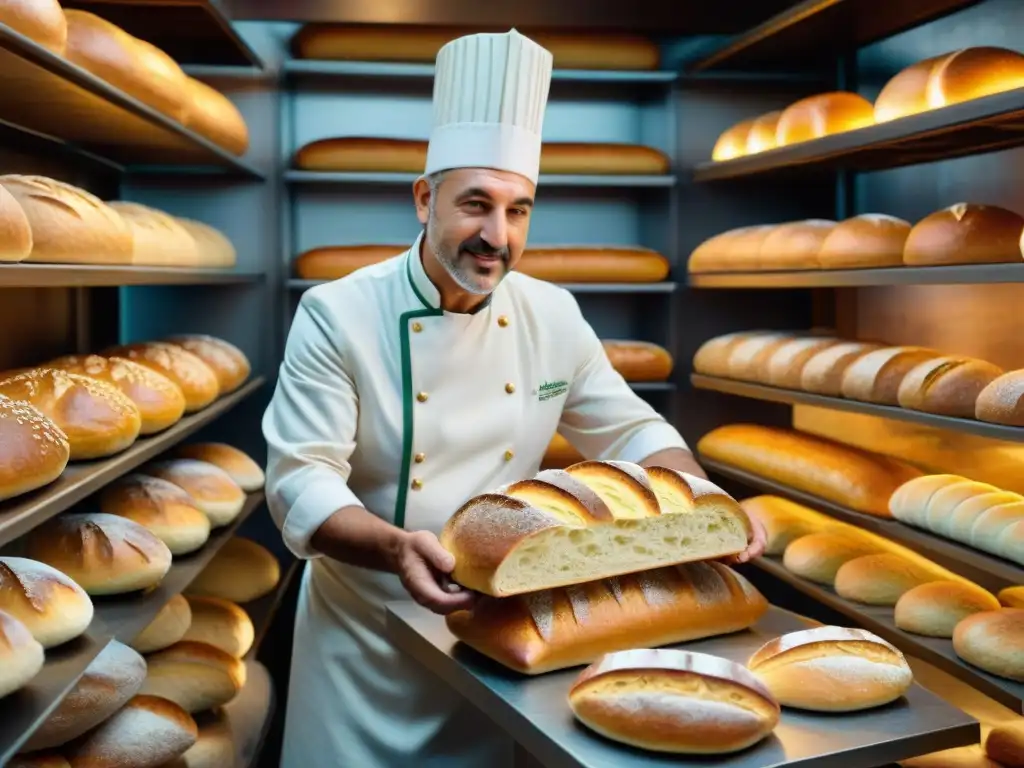 Panadería tradicional en la Toscana: un panadero experto moldea la masa rodeado de pan recién horneado