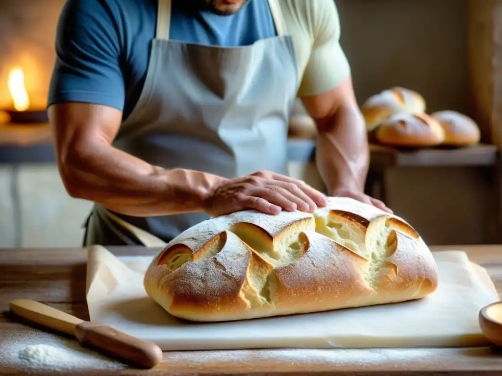 Un panadero artesanal en Italia moldea con cuidado una hogaza de ciabatta, destacando las técnicas y texturas de la panadería