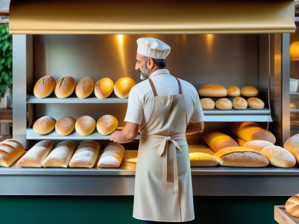 Un panadero artesanal en una panadería italiana al amanecer, preservando las tradiciones del pan italiano