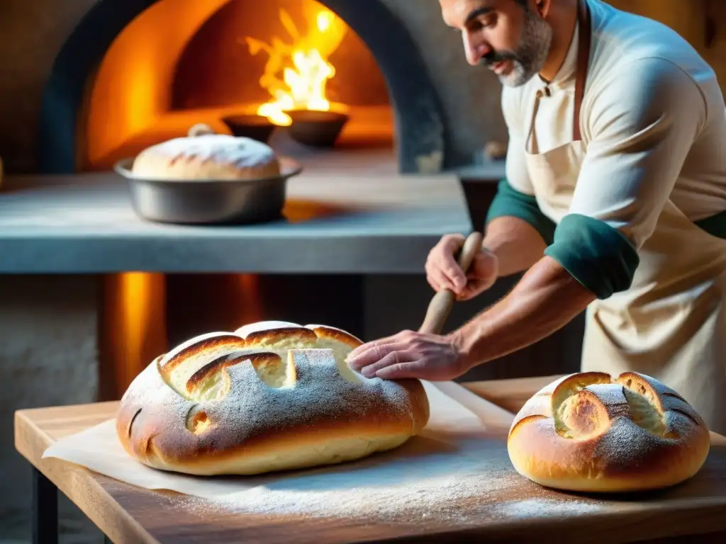 Un panadero artesano moldea pan casero en una cocina italiana rústica con horno de leña al fondo, destacando la tradición y calidez