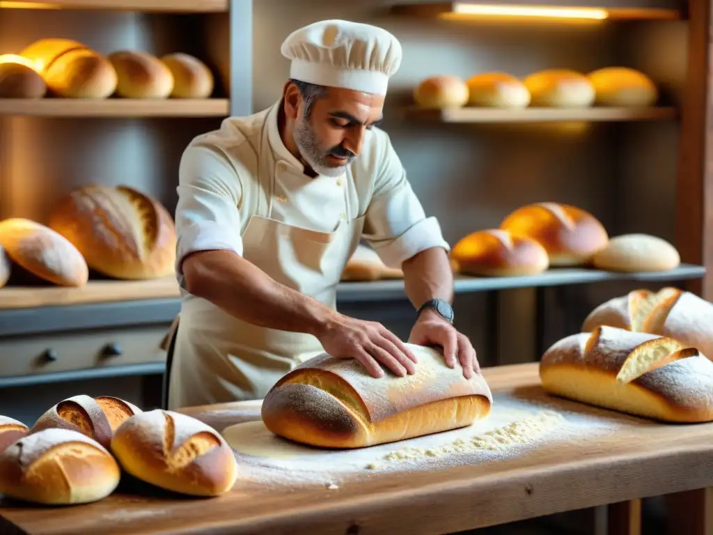 Un panadero artesano en una panadería tradicional italiana, moldeando hábilmente masa en un ambiente cálido y tenue