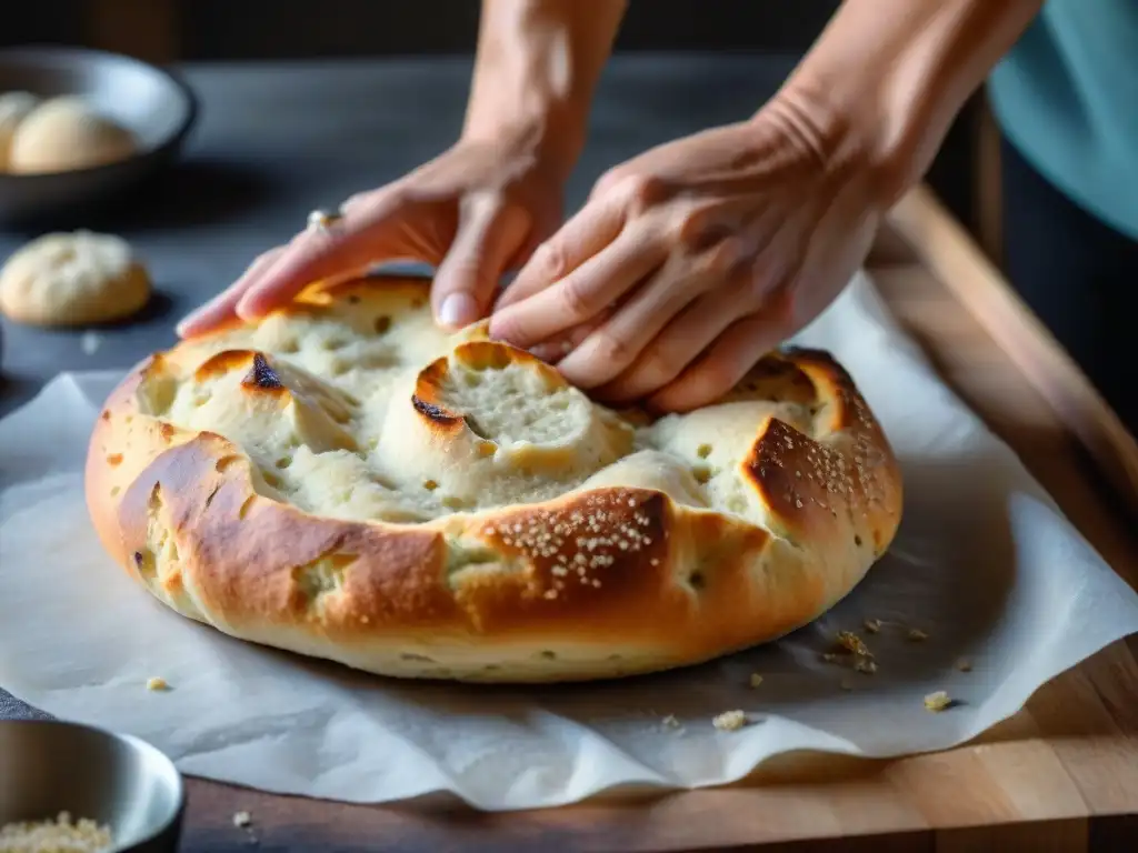 Un panadero moldeando con cariño una masa de focaccia integral sin gluten en una encimera de madera, en un proceso artesanal y saludable