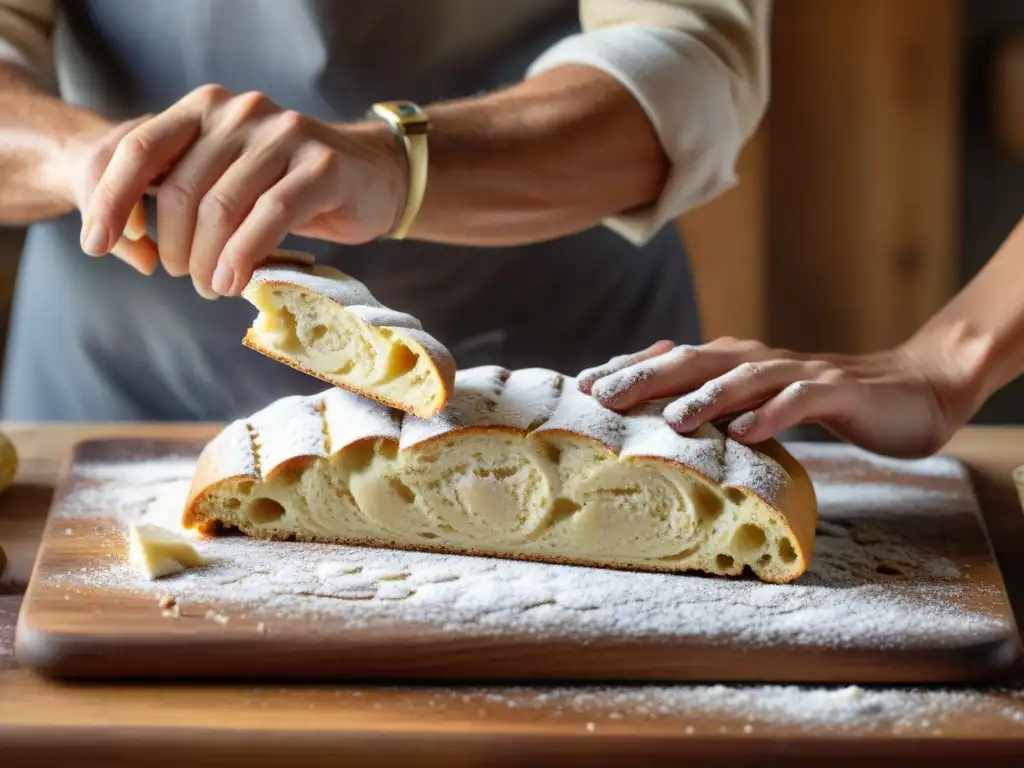 Un panadero moldea con cuidado la masa de biscotti en una cocina rústica