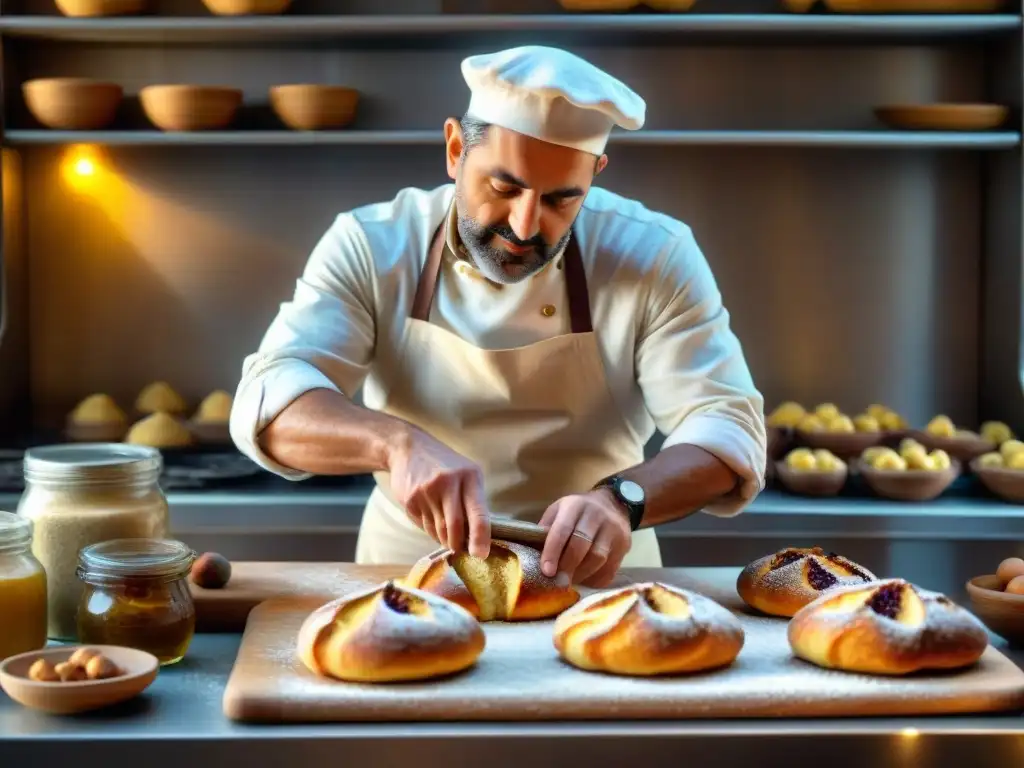 Un panadero hábil prepara con cuidado una receta auténtica de pan higo italiano en una cocina rústica