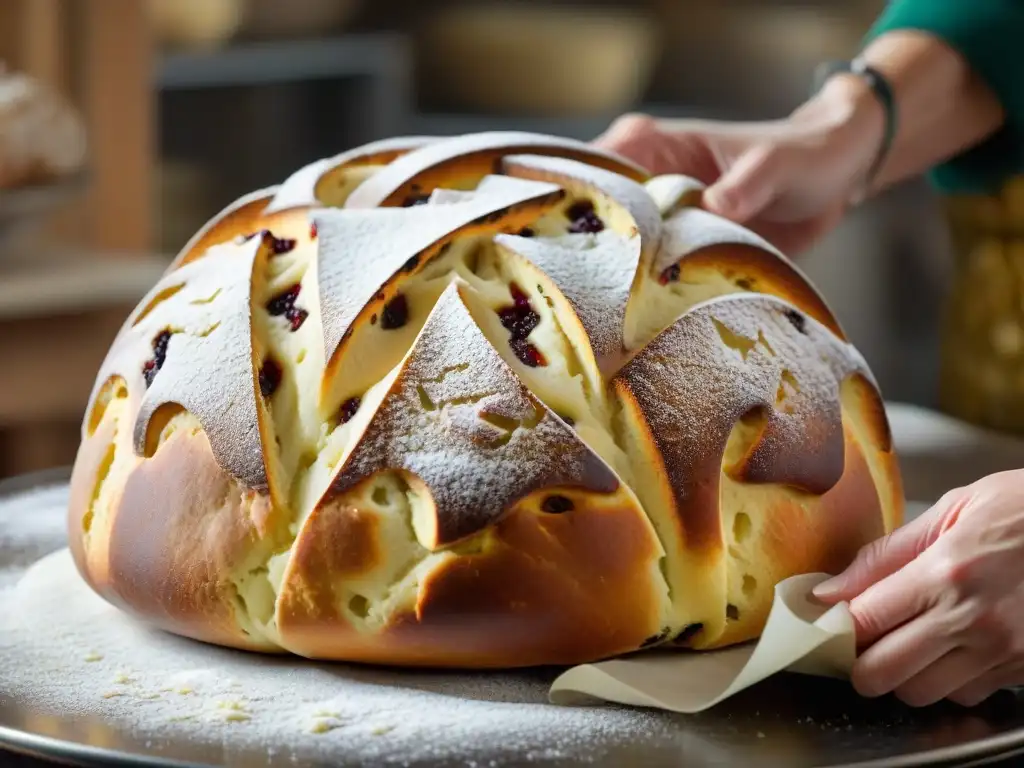 El panadero moldea con destreza la masa del Panettone, resaltando los pliegues y texturas