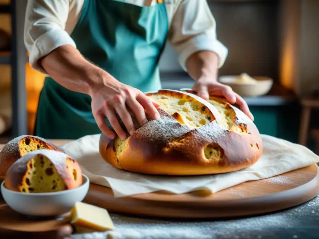 Un panadero moldea con destreza la masa del Panettone tradicional receta italiana, con una cesta de mimbre al fondo