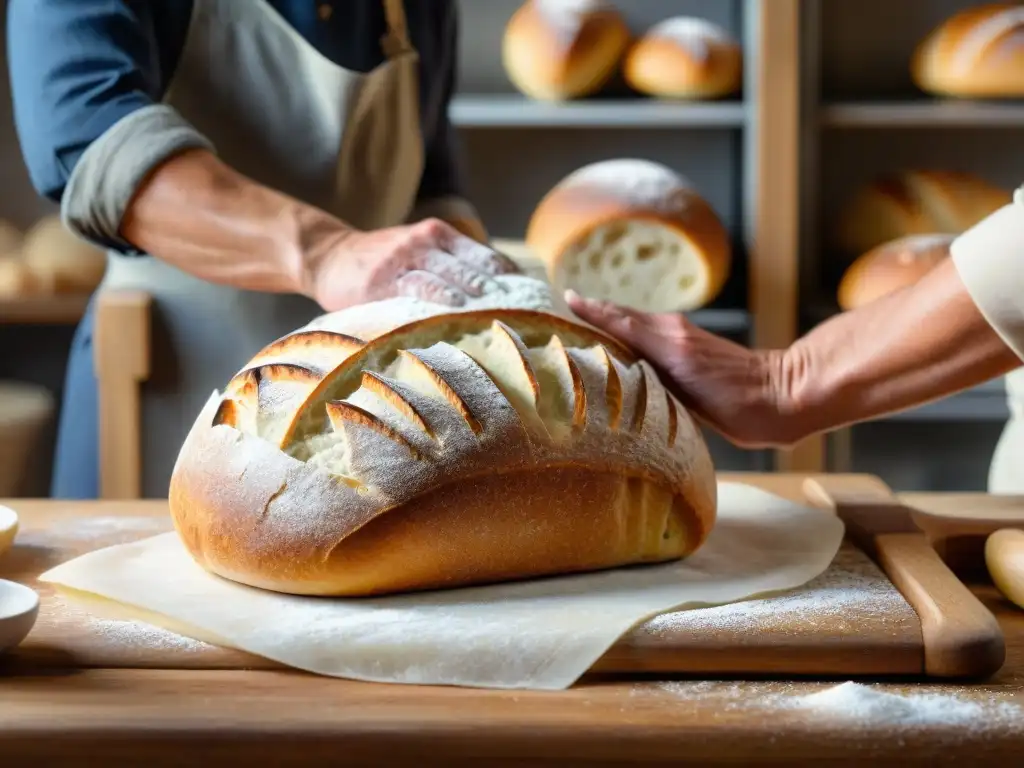 Maestro panadero: moldeando el arte del pan de masa madre Un panadero moldea con destreza un pan perfecto con masa madre, resaltando la artesanía y tradición en una panadería rústica