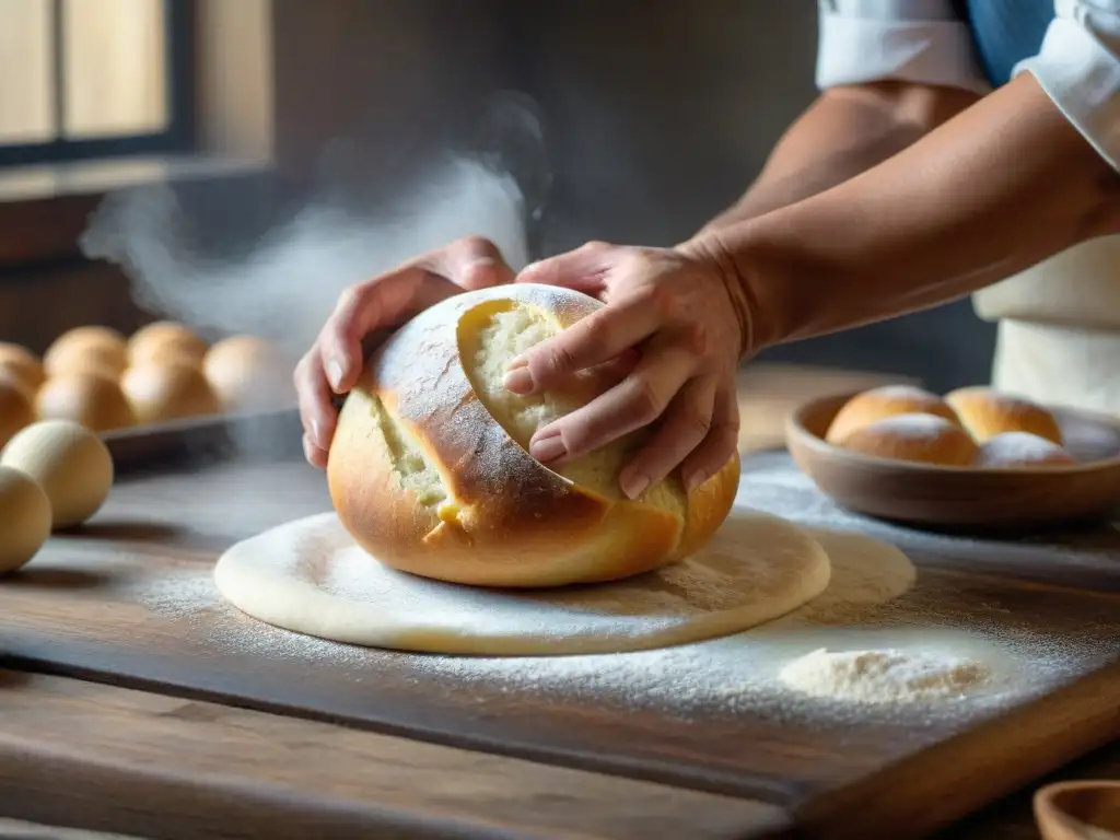 Un panadero experimentado amasa con destreza la masa para la auténtica receta de pan San Antonio, destacando la artesanía tradicional