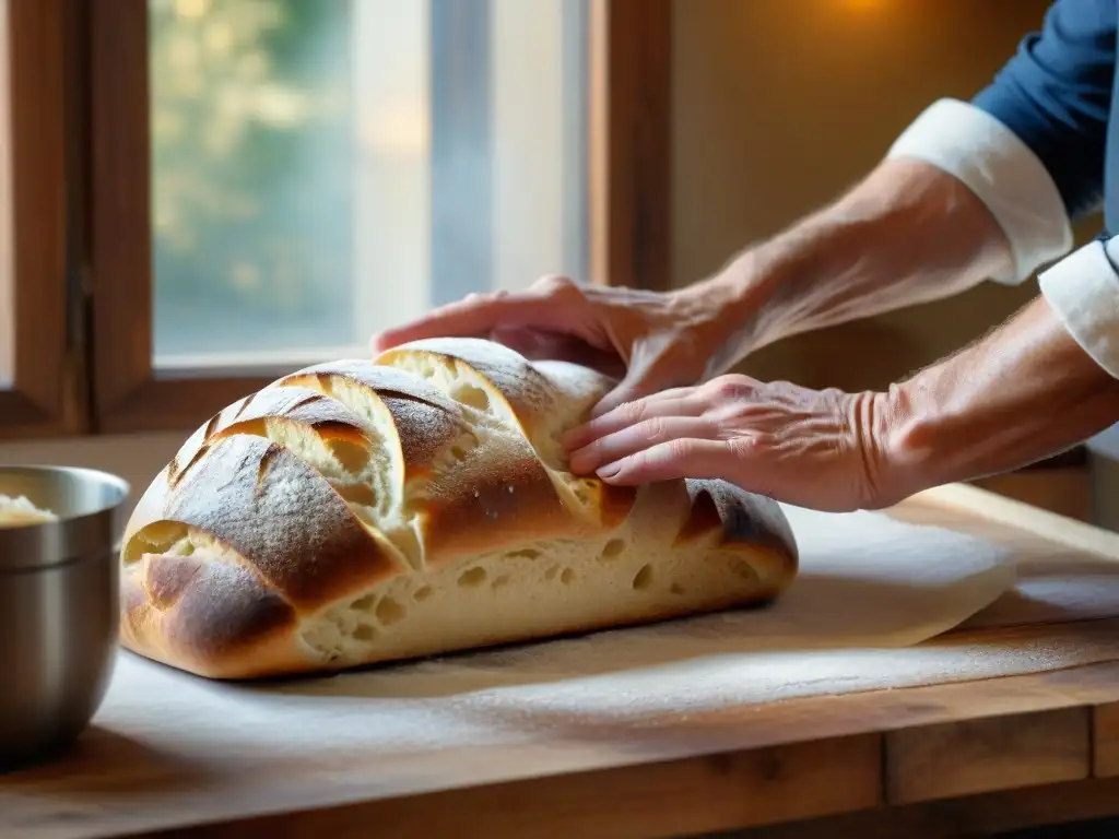 Un panadero experto moldea una ciabatta italiana, con las manos cubiertas de harina, en una cocina rústica bañada por la luz natural