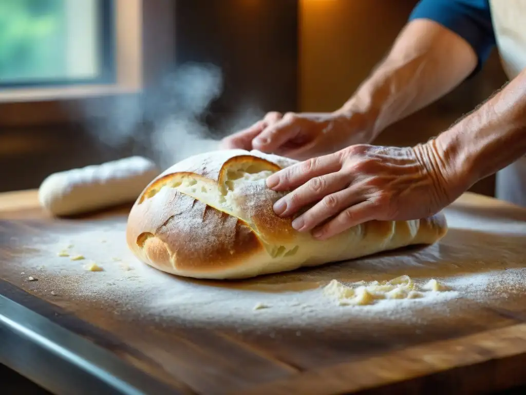 Un panadero experto moldeando una ciabatta italiana en una cocina rústica, destacando la magia de las Recetas de pan y focaccia italiana