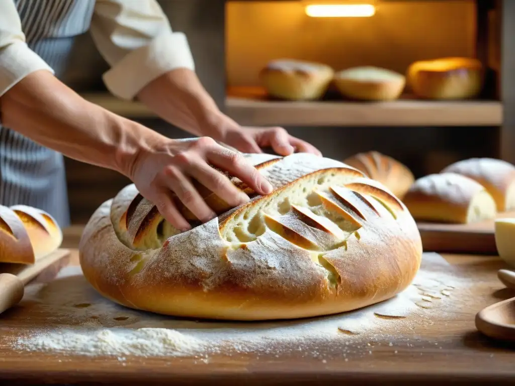 Un panadero experto moldea con destreza un pan tradicional italiano, creando un ambiente cálido y tradicional en una panadería rústica