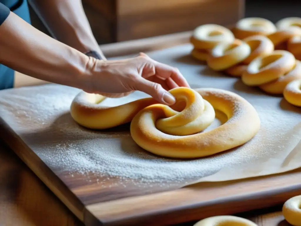 Un panadero experto moldea con destreza una receta auténtica de taralli dolci italiano, resaltando la artesanía y tradición en la cocina italiana