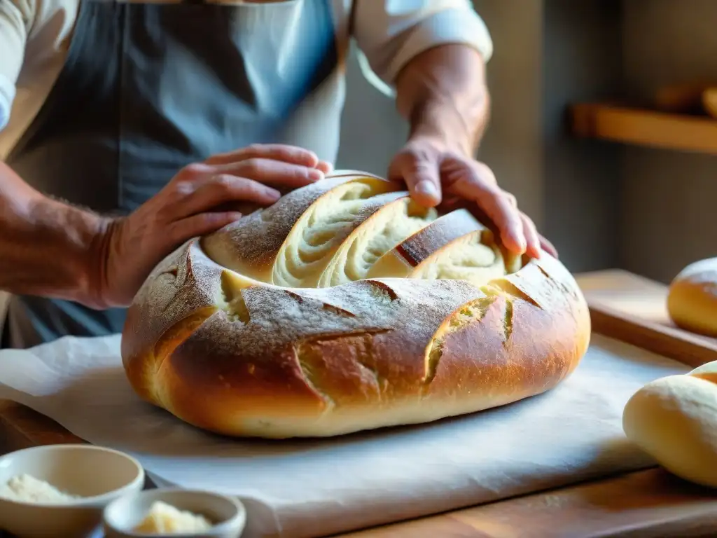 Un panadero experto moldea con destreza una receta auténtica de Pane Pugliese en una panadería italiana soleada