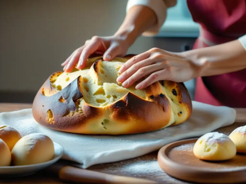 Un panadero experto amasa con destreza una rica masa dorada para el tradicional Panettone