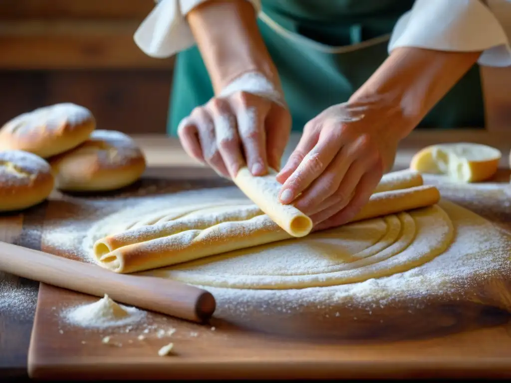 Un panadero experto moldea finas tiras de masa para grissini, en una cocina rústica