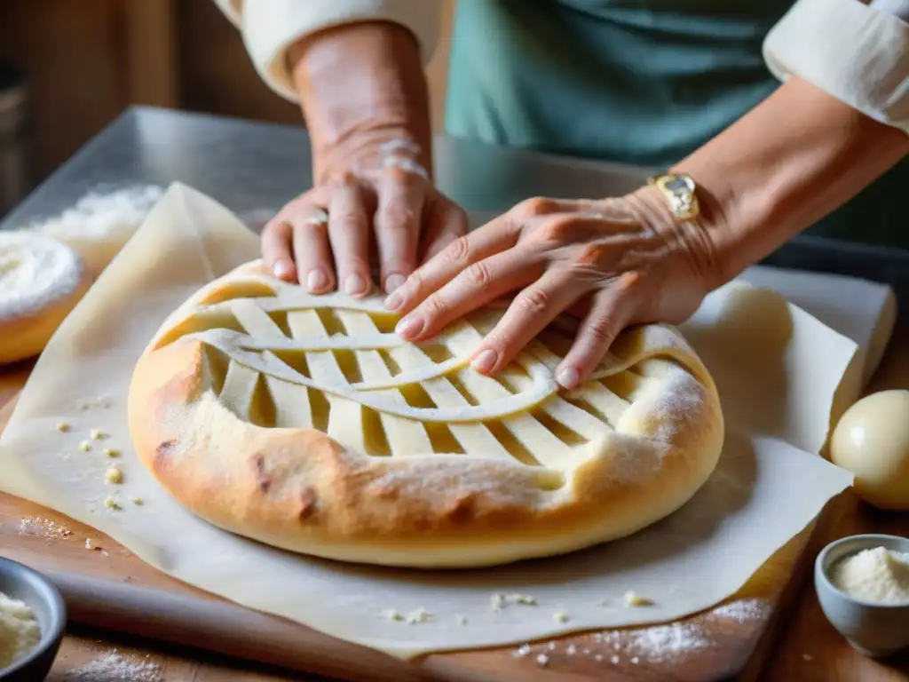 Un panadero experto moldea una focaccia italiana con destreza