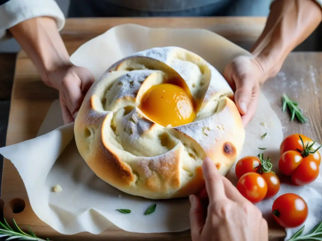 Un panadero experto elabora una focaccia, creando una obra de arte culinaria