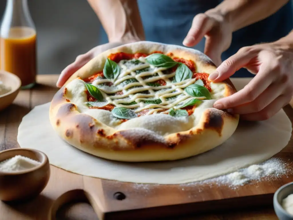 Un panadero experto da forma a la masa madre en pizza tradicional en una cocina acogedora