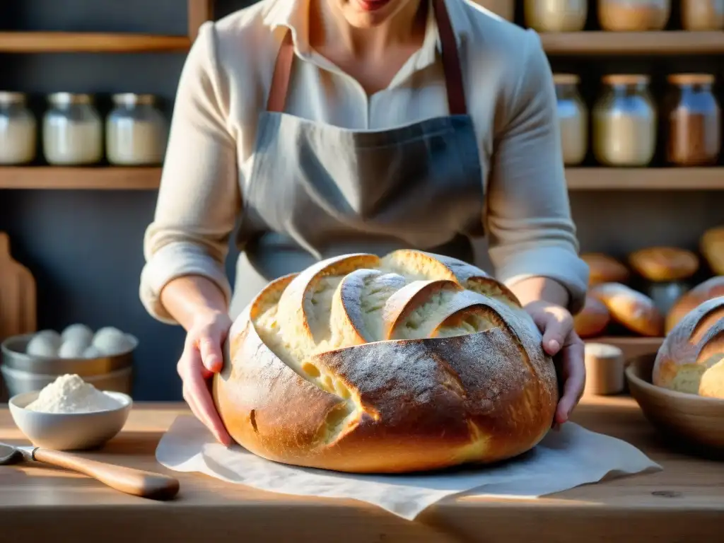 Un panadero experto dando forma a un pan de masa madre en una mesa de madera rústica, ambiente cálido de panadería italiana