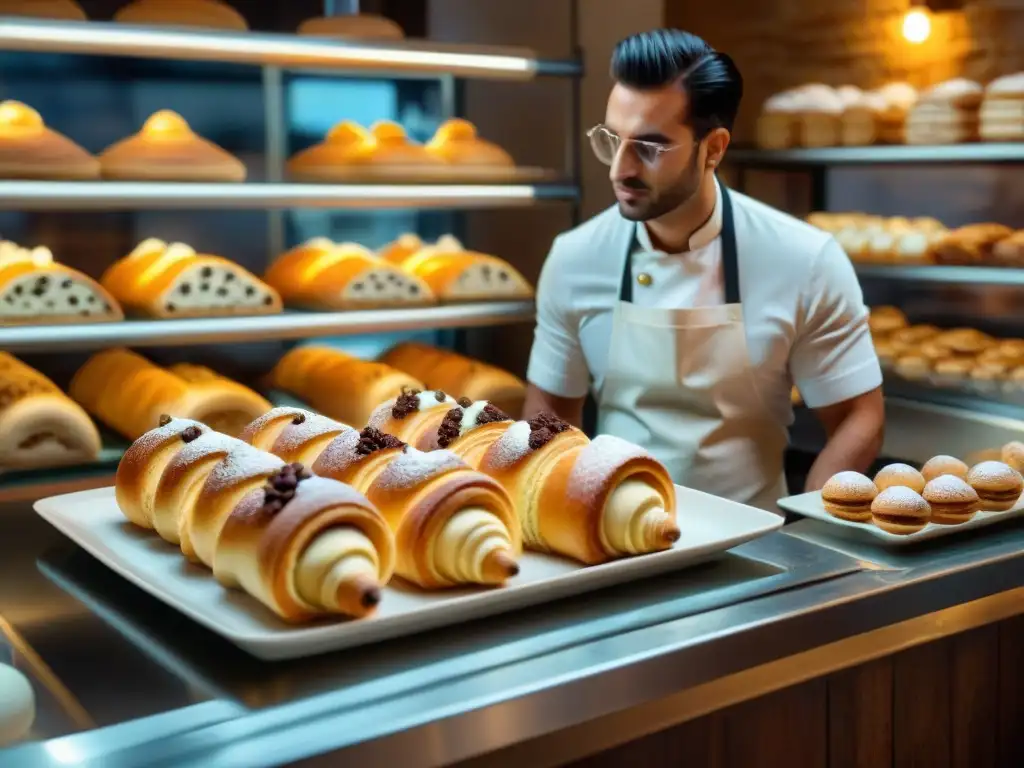 Un panadero experto coloca cannoli recién horneados en una panadería italiana, con aroma a dulces italianos al horno