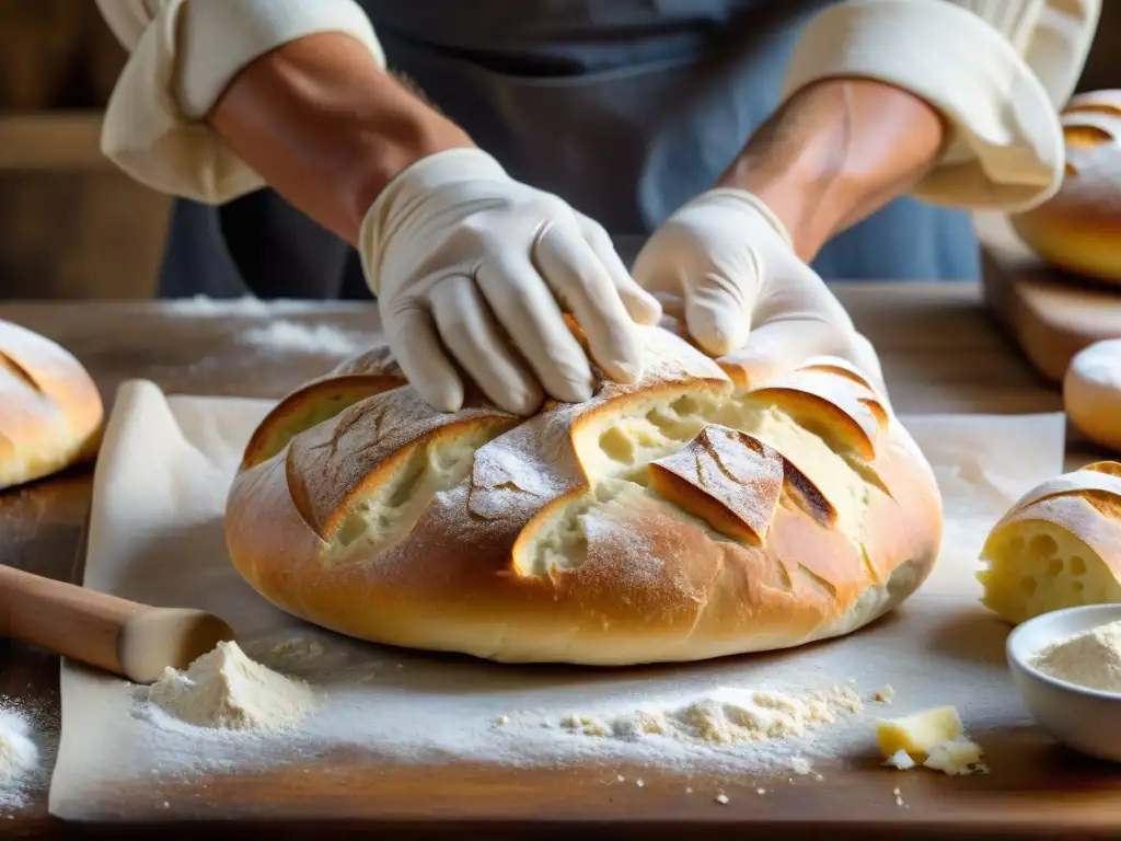 Un panadero experto moldeando masa de Ciabatta, mostrando la textura y destreza en la elaboración artesanal