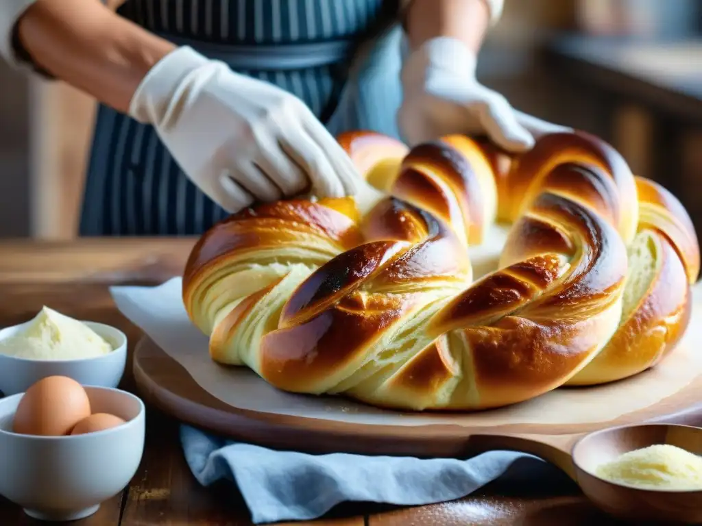 Un panadero experto trenzando masa dorada para una receta auténtica de pan brioche