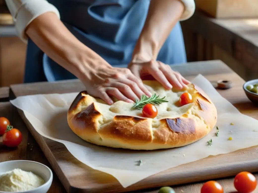 Un panadero experto estira la masa de focaccia, con harina y hierbas frescas en una mesa rústica