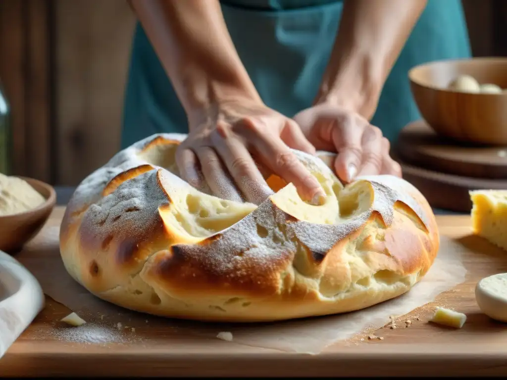 Un panadero experto amasando masa de focaccia italiana en una cocina rústica