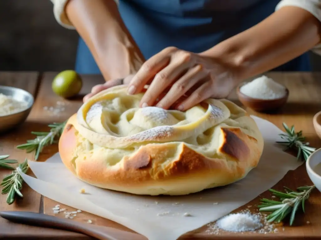 Un panadero experto estira la masa de focaccia, mostrando su textura y elasticidad