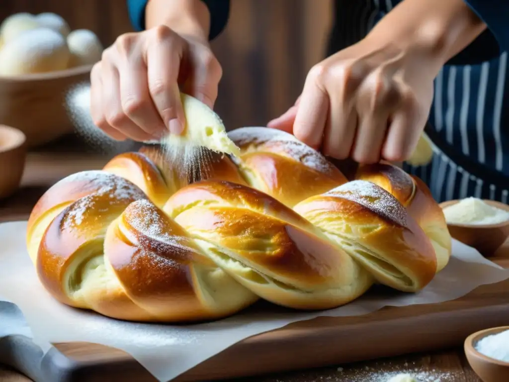 Un panadero experto trenzando masa de pan brioche dorada sobre una mesa de madera, destacando la auténtica receta