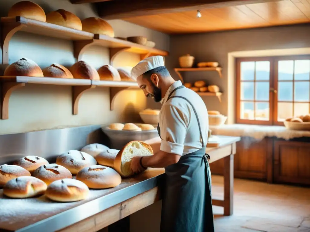 Un panadero experto moldeando masa en una panadería italiana rústica, con detalles vintage y recetas de panadería italiana