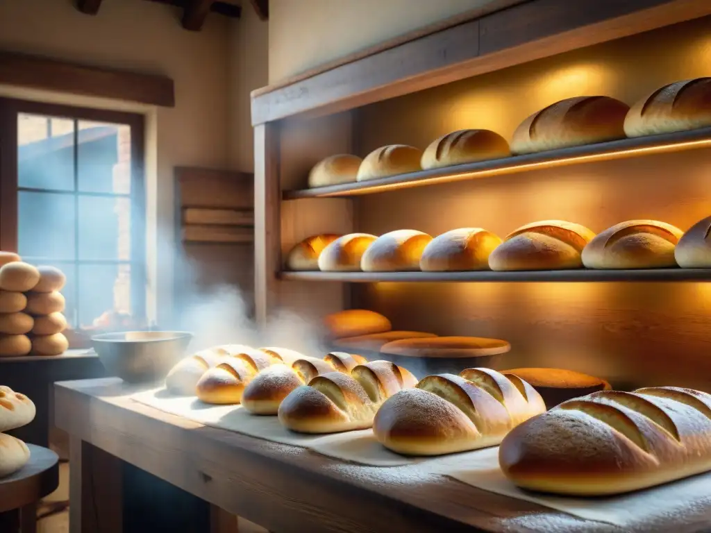 Un panadero experto moldea masa en una panadería italiana al amanecer, con clientes esperando afuera