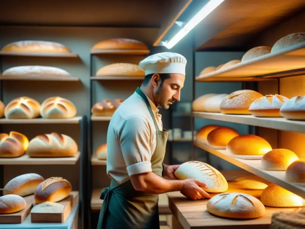 Un panadero experto moldeando masa en una panadería italiana tradicional, rodeado de pan artesanal, iluminado por el horno