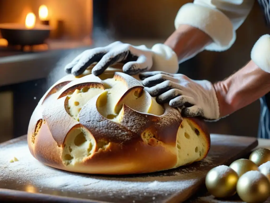 Un panadero experto amasando masa de Panettone en una panadería italiana tradicional