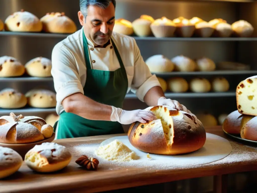 El panadero experto amasa la masa de Panettone en una panadería rústica, reflejando el origen y popularidad del Panettone en Italia