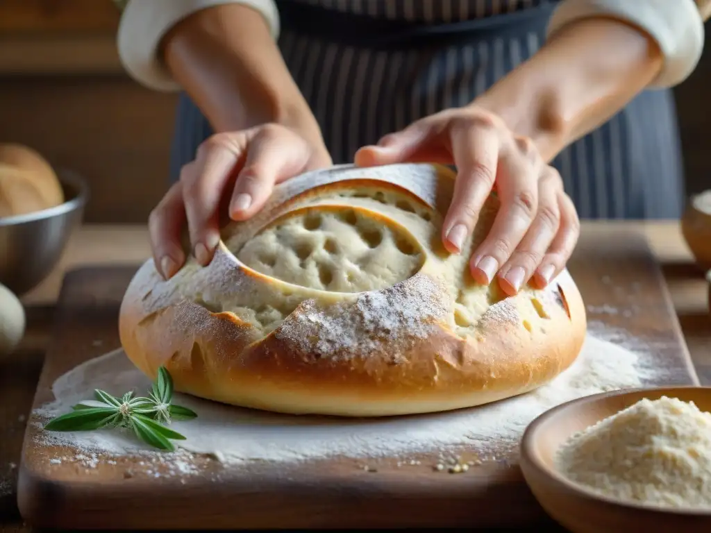 Un panadero experto moldea la masa del tradicional Schüttelbrot con cuidado en una superficie de madera, destacando la textura y granos de la harina mezclada con agua, sal y hierbas aromáticas