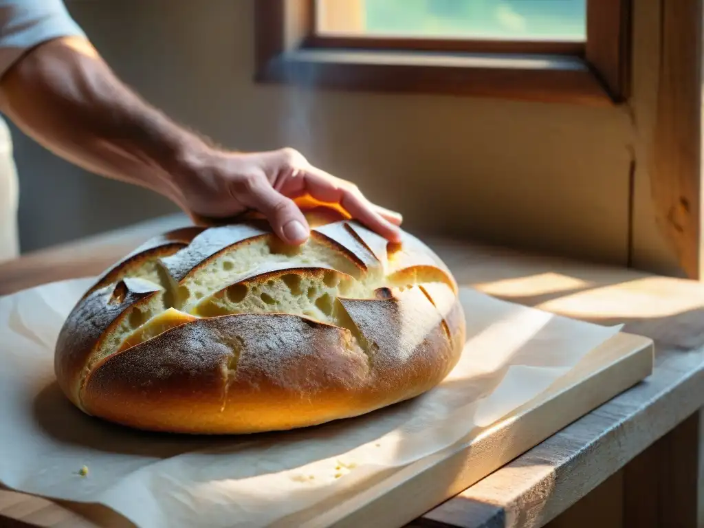 Un panadero experto moldea un Pan di Altamura en una panadería rústica