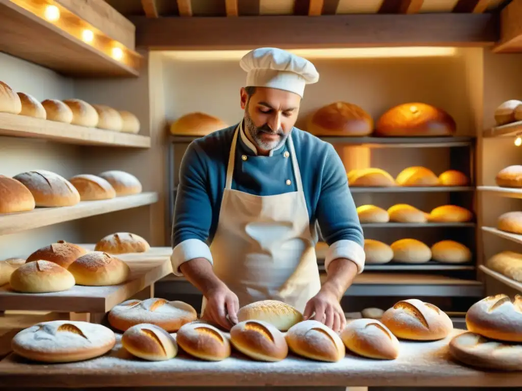 Maestro panadero italiano amasando pan de masa madre en panadería rústica Un panadero experto en una panadería rústica, creando Pan perfecto con masa madre en un ambiente acogedor y lleno de aromas