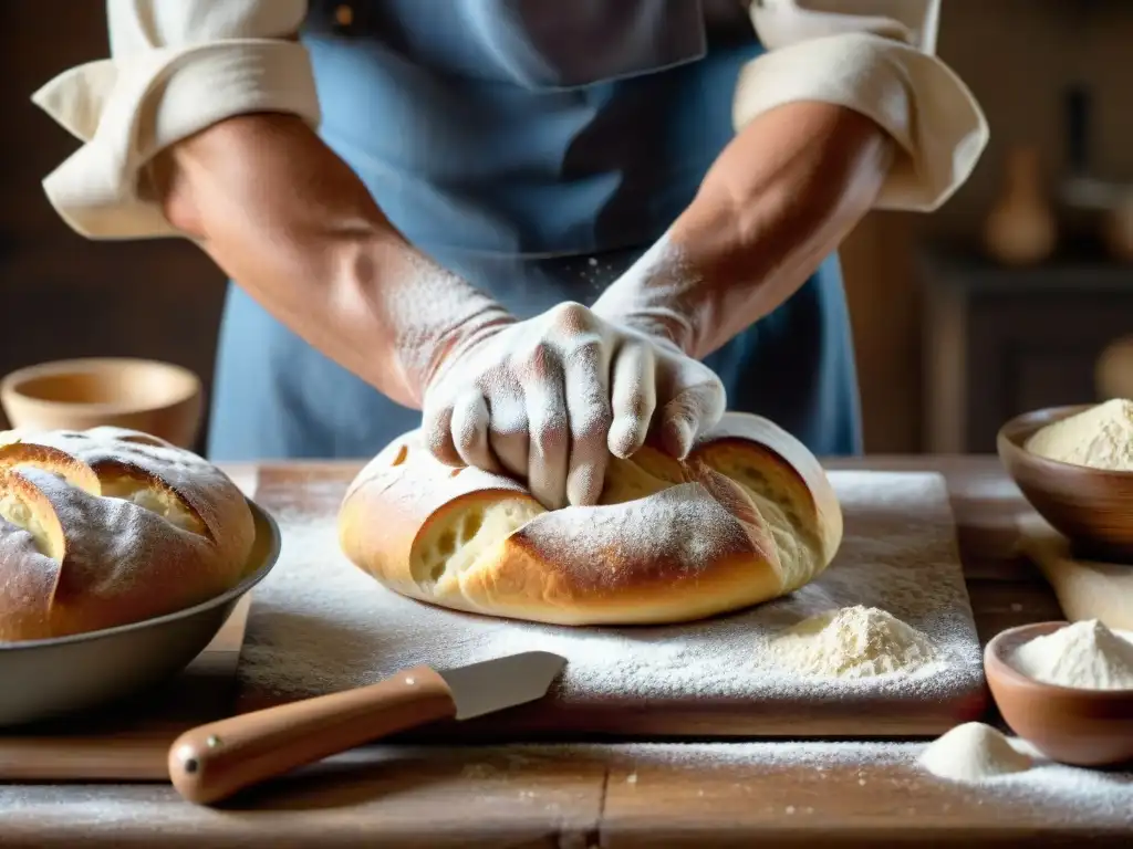 Un panadero experto amasa la receta tradicional pan Schüttelbrot con maestría en una mesa rústica, bañado por luz cálida