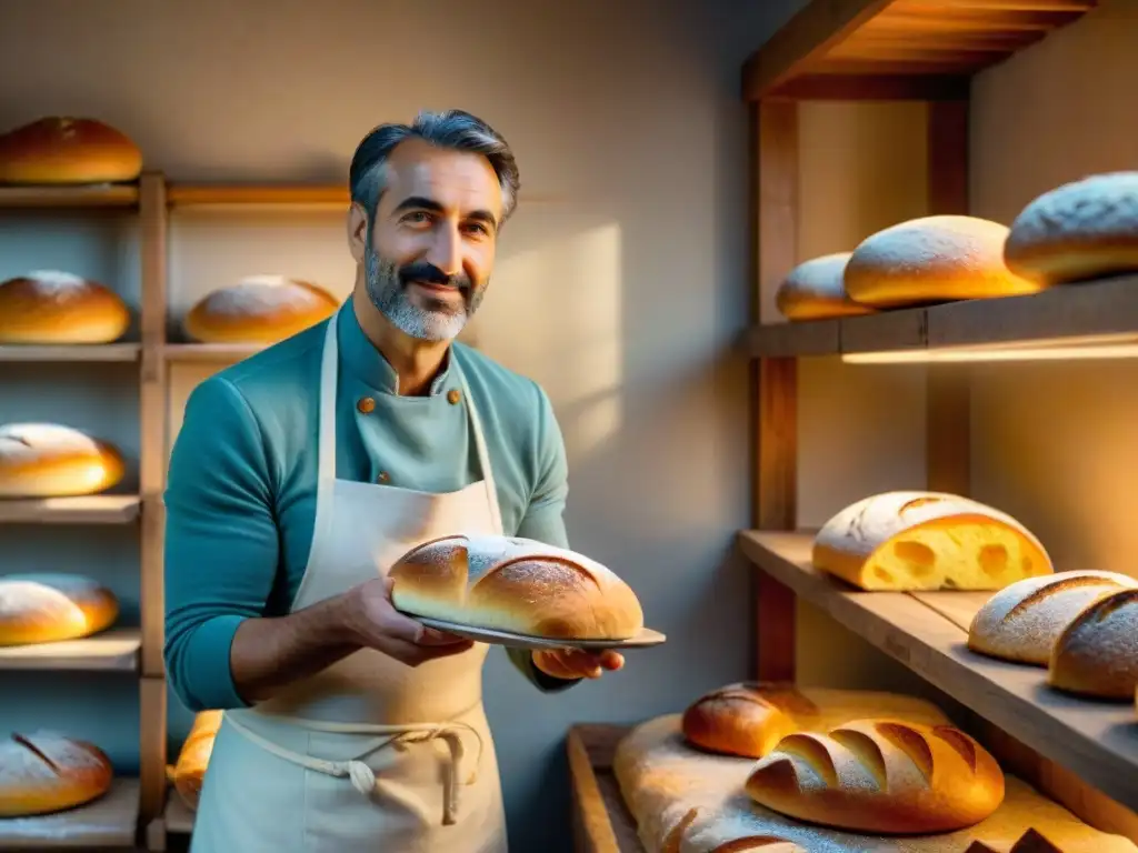 Un panadero experto moldea un Roscón italiano al amanecer en una panadería tradicional, reflejando la historia del pan italiano tradicional