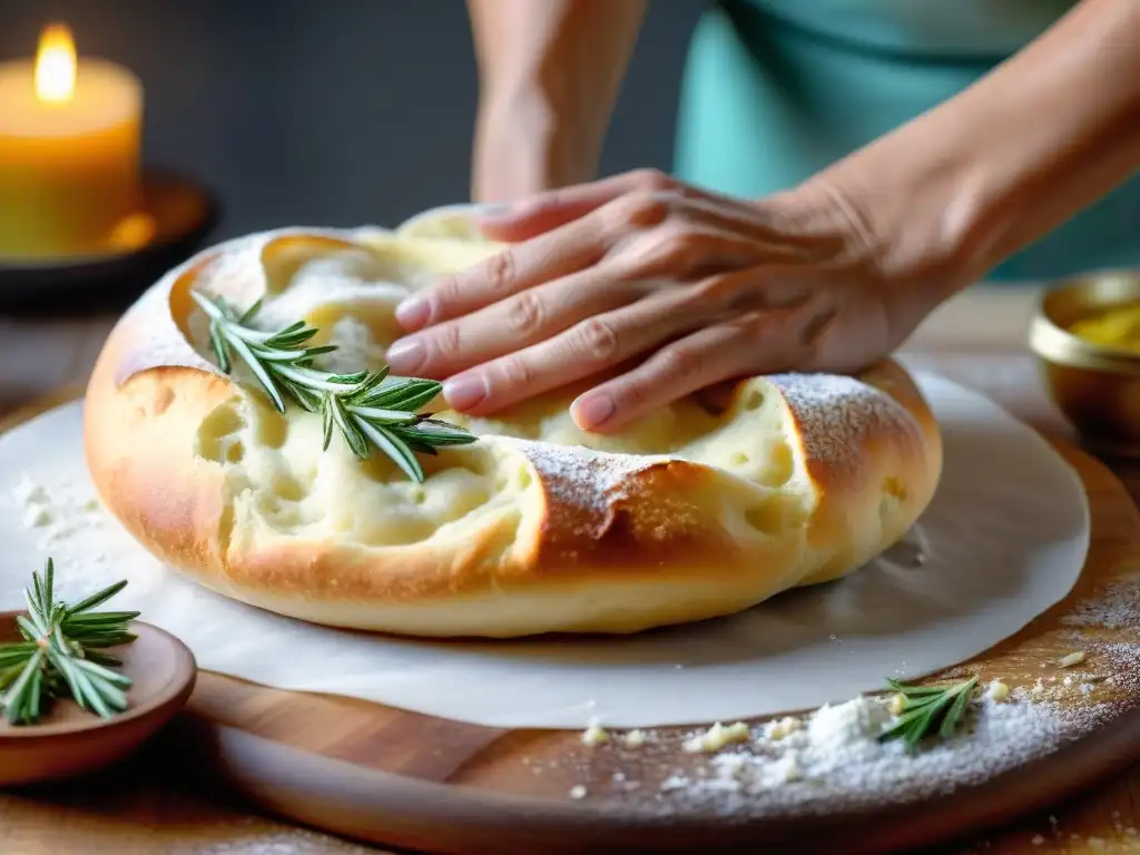 Un panadero experto amasa una suave masa para Focaccia Genovese, listo para hornear