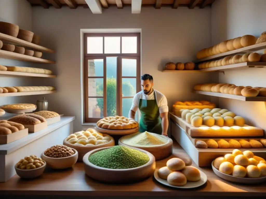 Un panadero preparando focaccias en una panadería italiana tradicional: una escena detallada y cálida