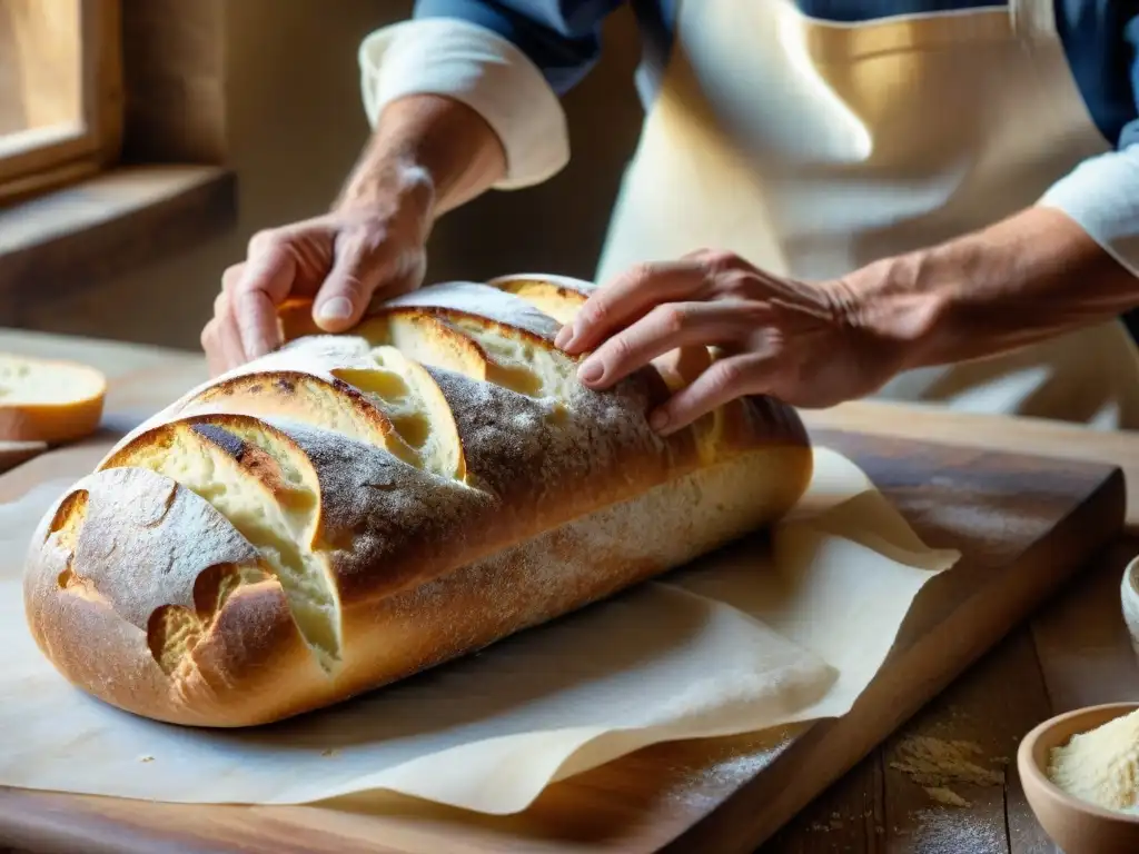 Un panadero italiano moldea con cuidado una hogaza rústica de ciabatta, sus manos expertas trabajan la masa en una superficie de madera enharinada