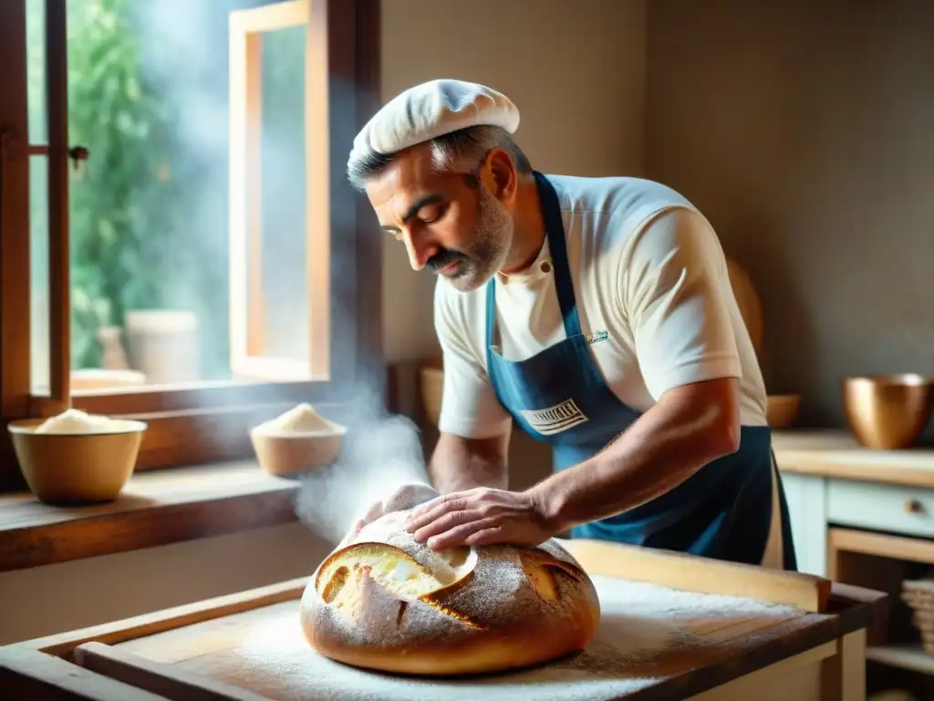 Maestro panadero italiano moldeando una hogaza de masa madre con maestría Panadero italiano moldeando con destreza un pan perfecto con masa madre, la harina flotando en el aire y la luz solar realzando la textura de la masa