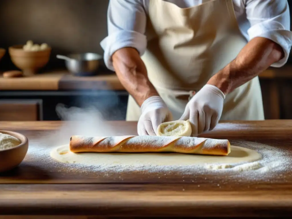 Un panadero italiano hábil y detallista elabora grissini, con harina en el aire y la mesa de madera rústica, capturando la historia y el chic de Italia