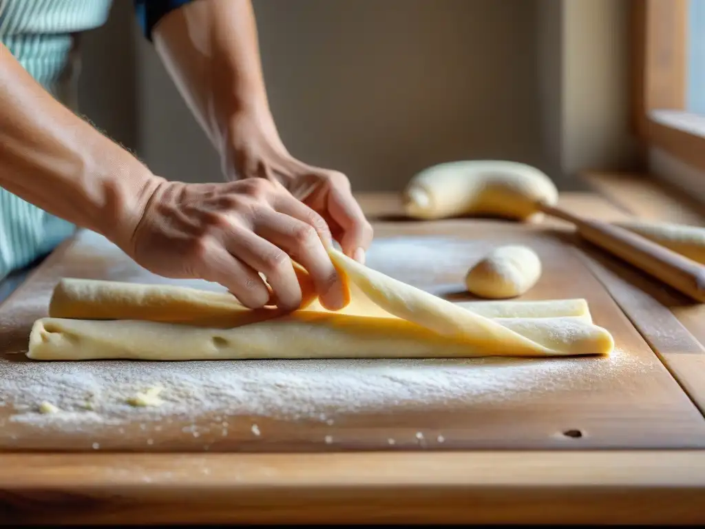 Un panadero italiano experimentado moldea con cuidado tiras de masa para hacer grissini en una cocina tradicional