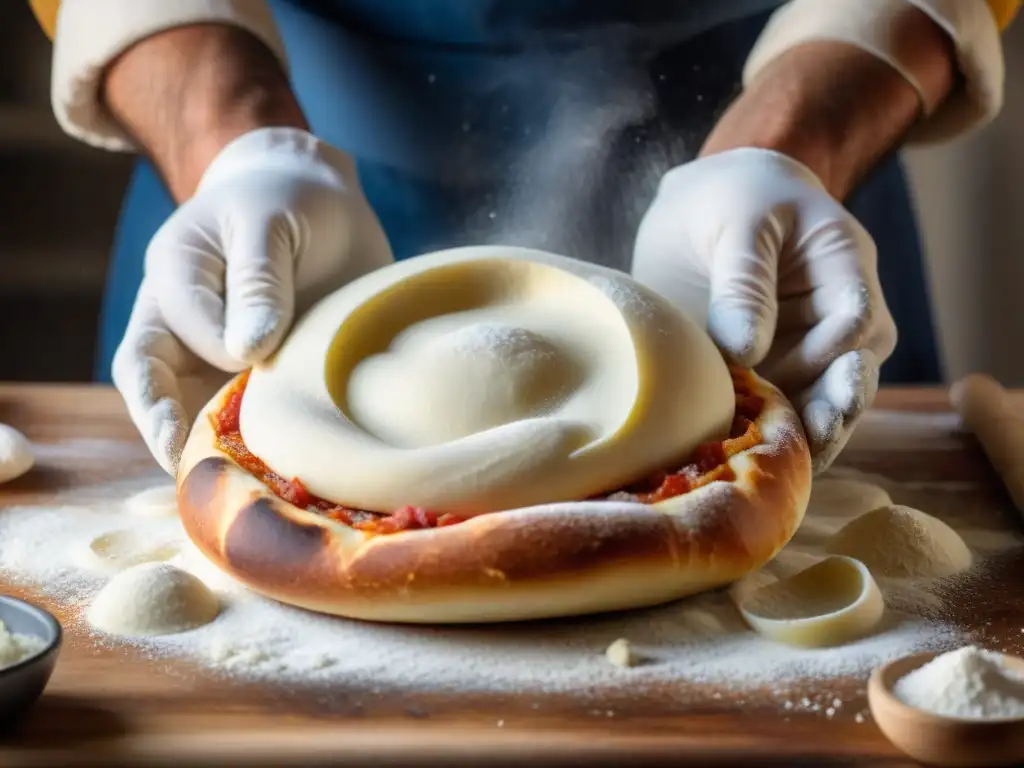 Un panadero italiano experto moldea con destreza la masa de pizza, mostrando métodos innovadores para pizzas italianas