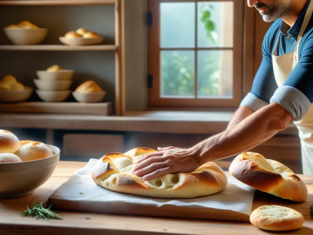 Un panadero italiano experto amasa focaccia en una cocina rústica